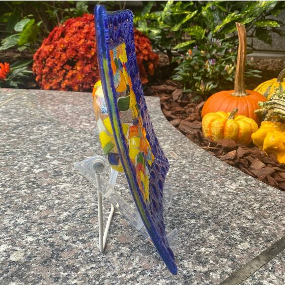 Square Fused Bubble Glass Cobalt Blue Multicolored Dish Tray 8” Art Glass Plate - Picture 2 of 7